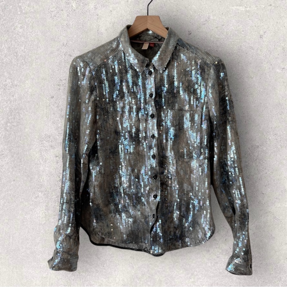Anthropologie Pilcro Shrunken Sequin Long Sleeve Button Up Gray Top Size M - Picture 4 of 16